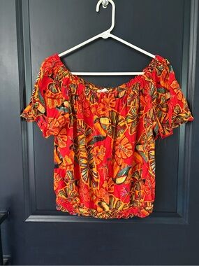 Christian Siriano Red Floral Off-Shoulder Blouse